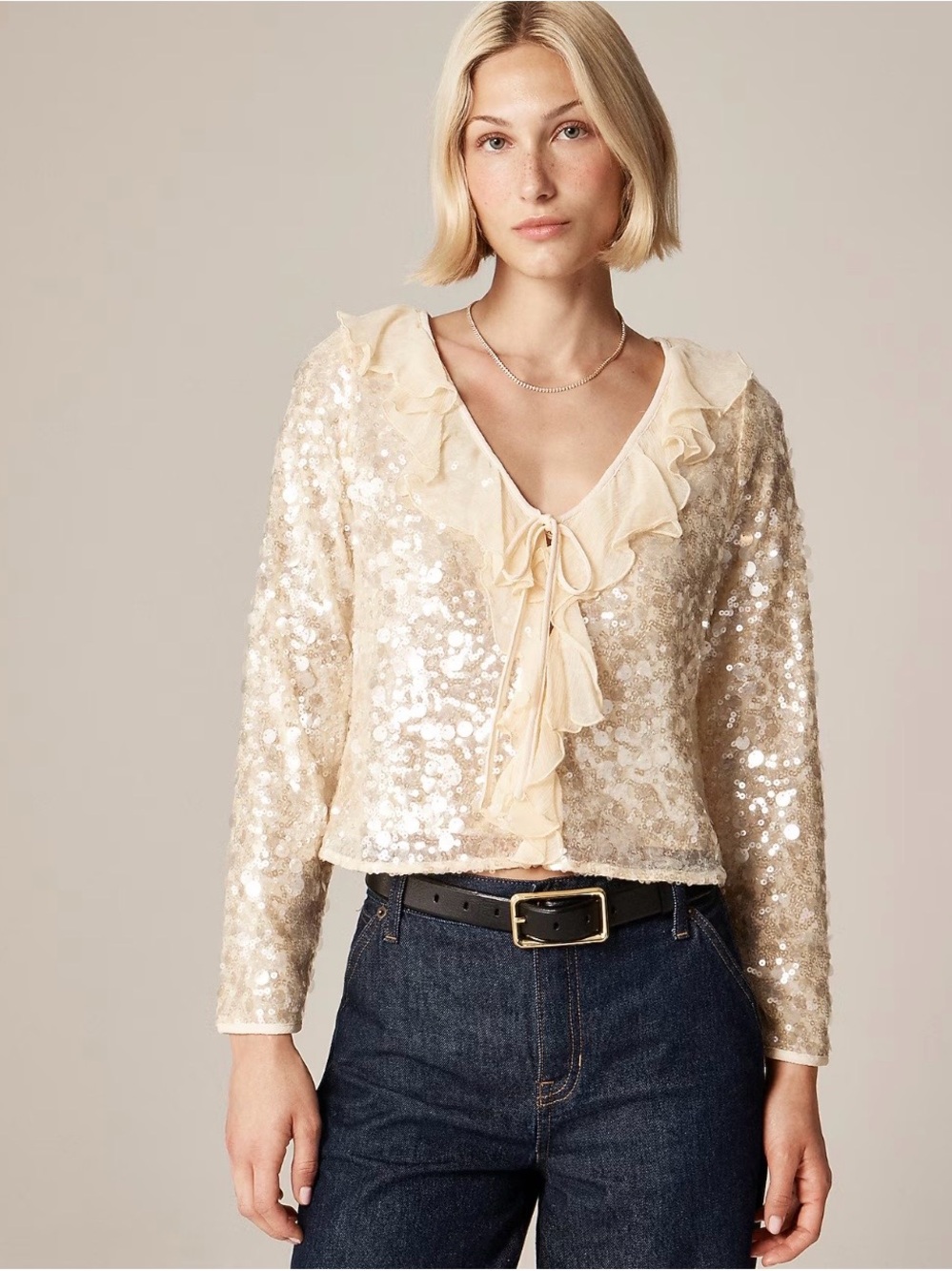 J. Crew Cream Sequin Ruffle Tie-Front Blouse